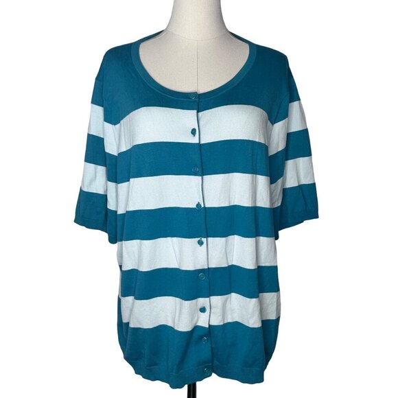 NWOT Talbots Plus Striped Button-Down Cardigan Womens 3X Blue White Pima Cotton - Picture 1 of 8